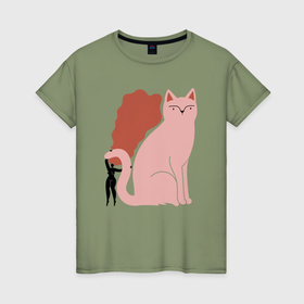 Женская футболка хлопок с принтом Кошка и девушка , 100% хлопок | прямой крой, круглый вырез горловины, длина до линии бедер, слегка спущенное плечо | 