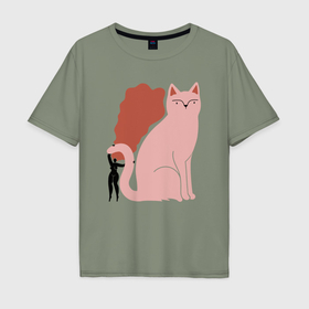 Мужская футболка хлопок Oversize с принтом Кошка и девушка в Кировске, 100% хлопок | свободный крой, круглый ворот, “спинка” длиннее передней части | Тематика изображения на принте: 