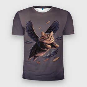 Мужская футболка 3D Slim с принтом Летающий котик ангел в Курске, 100% полиэстер с улучшенными характеристиками | приталенный силуэт, круглая горловина, широкие плечи, сужается к линии бедра | Тематика изображения на принте: 