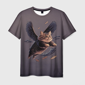 Мужская футболка 3D с принтом Летающий котик ангел в Курске, 100% полиэфир | прямой крой, круглый вырез горловины, длина до линии бедер | Тематика изображения на принте: 