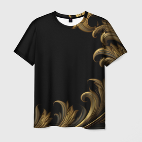 Мужская футболка 3D с принтом Золотой узор в виде пера в Кировске, 100% полиэфир | прямой крой, круглый вырез горловины, длина до линии бедер | 