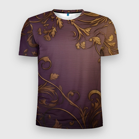 Мужская футболка 3D Slim с принтом Золотистые узоры  на фиолетовом фоне в Новосибирске, 100% полиэстер с улучшенными характеристиками | приталенный силуэт, круглая горловина, широкие плечи, сужается к линии бедра | Тематика изображения на принте: 