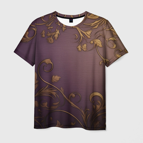 Мужская футболка 3D с принтом Золотистые узоры  на фиолетовом фоне в Санкт-Петербурге, 100% полиэфир | прямой крой, круглый вырез горловины, длина до линии бедер | 