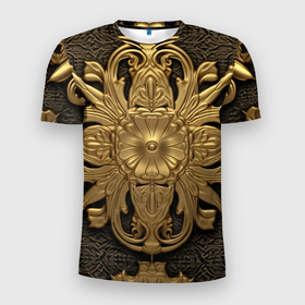 Мужская футболка 3D Slim с принтом Золотой обстрактный  узор в Новосибирске, 100% полиэстер с улучшенными характеристиками | приталенный силуэт, круглая горловина, широкие плечи, сужается к линии бедра | Тематика изображения на принте: 