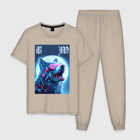 Мужская пижама хлопок с принтом Cyber wolf   ai art в Петрозаводске, 100% хлопок | брюки и футболка прямого кроя, без карманов, на брюках мягкая резинка на поясе и по низу штанин
 | 