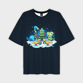 Мужская футболка oversize 3D с принтом Динозавры и елка новогодняя в Кировске,  |  | 
