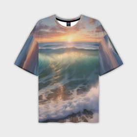 Мужская футболка oversize 3D с принтом Волна на закатном солнце в Новосибирске,  |  | Тематика изображения на принте: 