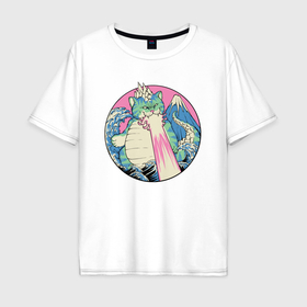Мужская футболка хлопок Oversize с принтом Catzilla кайдзю   кот дракон в Курске, 100% хлопок | свободный крой, круглый ворот, “спинка” длиннее передней части | 