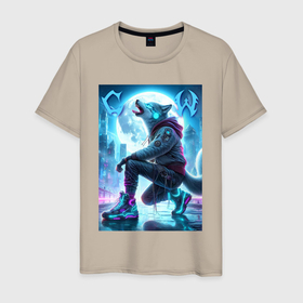 Мужская футболка хлопок с принтом Cyber wolf in metropolis   ai art в Курске, 100% хлопок | прямой крой, круглый вырез горловины, длина до линии бедер, слегка спущенное плечо. | 