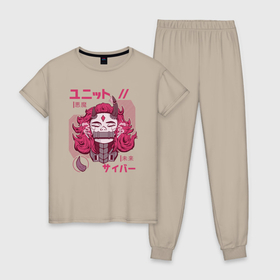 Женская пижама хлопок с принтом Cyber demon girl в Екатеринбурге, 100% хлопок | брюки и футболка прямого кроя, без карманов, на брюках мягкая резинка на поясе и по низу штанин | 
