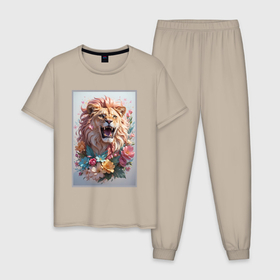 Мужская пижама хлопок с принтом Лев король цветов , 100% хлопок | брюки и футболка прямого кроя, без карманов, на брюках мягкая резинка на поясе и по низу штанин
 | 