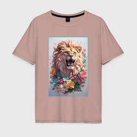 Мужская футболка хлопок Oversize с принтом Лев король цветов , 100% хлопок | свободный крой, круглый ворот, “спинка” длиннее передней части | 
