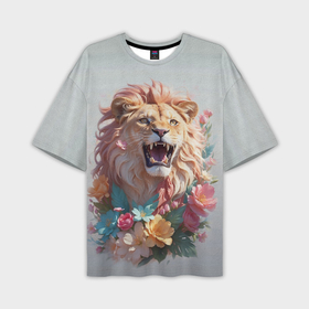 Мужская футболка oversize 3D с принтом Голова льва в цветах на холсте ,  |  | Тематика изображения на принте: 