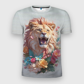 Мужская футболка 3D Slim с принтом Голова льва в цветах на холсте в Санкт-Петербурге, 100% полиэстер с улучшенными характеристиками | приталенный силуэт, круглая горловина, широкие плечи, сужается к линии бедра | 