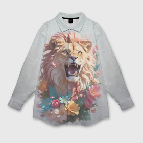 Мужская рубашка oversize 3D с принтом Голова льва в цветах на холсте ,  |  | Тематика изображения на принте: 