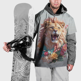 Накидка на куртку 3D с принтом Голова льва в цветах на холсте в Санкт-Петербурге, 100% полиэстер |  | Тематика изображения на принте: 