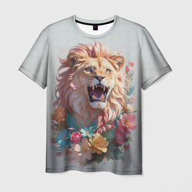 Мужская футболка 3D с принтом Голова льва в цветах на холсте в Санкт-Петербурге, 100% полиэфир | прямой крой, круглый вырез горловины, длина до линии бедер | Тематика изображения на принте: 