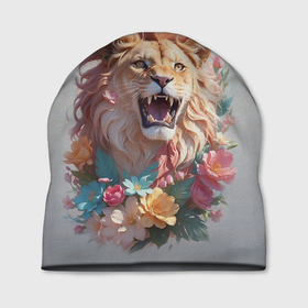 Шапка 3D с принтом Голова льва в цветах на холсте , 100% полиэстер | универсальный размер, печать по всей поверхности изделия | 