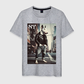 Мужская футболка хлопок с принтом Dude bull terrier is a New Yorker в Кировске, 100% хлопок | прямой крой, круглый вырез горловины, длина до линии бедер, слегка спущенное плечо. | 
