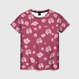 Женская футболка 3D с принтом Сакура цветы и бутоны паттерны в Белгороде, 100% полиэфир ( синтетическое хлопкоподобное полотно) | прямой крой, круглый вырез горловины, длина до линии бедер | 
