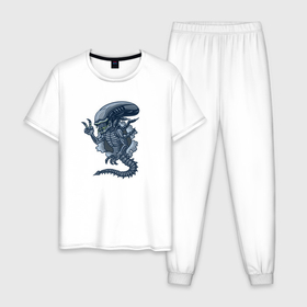 Мужская пижама хлопок с принтом Чужой инопланетянин из порванной дыры в Кировске, 100% хлопок | брюки и футболка прямого кроя, без карманов, на брюках мягкая резинка на поясе и по низу штанин
 | 