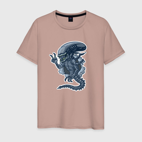 Мужская футболка хлопок с принтом Чужой инопланетянин из порванной дыры в Петрозаводске, 100% хлопок | прямой крой, круглый вырез горловины, длина до линии бедер, слегка спущенное плечо. | 