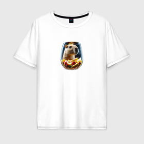 Мужская футболка хлопок Oversize с принтом Капибара в стакане с фруктами в Тюмени, 100% хлопок | свободный крой, круглый ворот, “спинка” длиннее передней части | Тематика изображения на принте: 