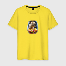 Мужская футболка хлопок с принтом Капибара в стакане с фруктами в Тюмени, 100% хлопок | прямой крой, круглый вырез горловины, длина до линии бедер, слегка спущенное плечо. | 