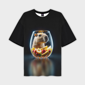 Мужская футболка oversize 3D с принтом Капибара в стакане с фруктами абстракция в Тюмени,  |  | Тематика изображения на принте: 