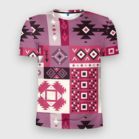 Мужская футболка 3D Slim с принтом Этническая геометрия в розовой палитре в Петрозаводске, 100% полиэстер с улучшенными характеристиками | приталенный силуэт, круглая горловина, широкие плечи, сужается к линии бедра | 