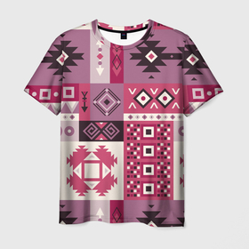 Мужская футболка 3D с принтом Этническая геометрия в розовой палитре в Курске, 100% полиэфир | прямой крой, круглый вырез горловины, длина до линии бедер | 