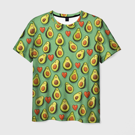 Мужская футболка 3D с принтом Авокадо и сердечки в Курске, 100% полиэфир | прямой крой, круглый вырез горловины, длина до линии бедер | 