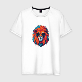 Мужская футболка хлопок с принтом Голова льва в солнечных очках , 100% хлопок | прямой крой, круглый вырез горловины, длина до линии бедер, слегка спущенное плечо. | 