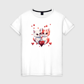 Женская футболка хлопок с принтом Пара котов влюбленных в Новосибирске, 100% хлопок | прямой крой, круглый вырез горловины, длина до линии бедер, слегка спущенное плечо | 
