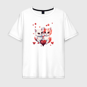 Мужская футболка хлопок Oversize с принтом Пара котов влюбленных в Петрозаводске, 100% хлопок | свободный крой, круглый ворот, “спинка” длиннее передней части | 