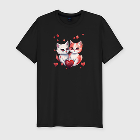 Мужская футболка хлопок Slim с принтом Пара котов влюбленных в Кировске, 92% хлопок, 8% лайкра | приталенный силуэт, круглый вырез ворота, длина до линии бедра, короткий рукав | 