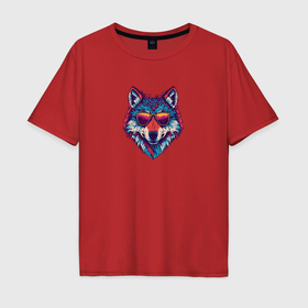 Мужская футболка хлопок Oversize с принтом Красочный волк в стильных очках в Курске, 100% хлопок | свободный крой, круглый ворот, “спинка” длиннее передней части | 