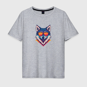 Мужская футболка хлопок Oversize с принтом Красочный волк в очках в Курске, 100% хлопок | свободный крой, круглый ворот, “спинка” длиннее передней части | 