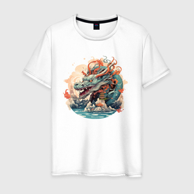 Мужская футболка хлопок с принтом Японский дракон   символ года в Кировске, 100% хлопок | прямой крой, круглый вырез горловины, длина до линии бедер, слегка спущенное плечо. | 