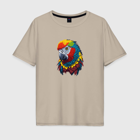 Мужская футболка хлопок Oversize с принтом Красочный попугай в ярких перьях в Екатеринбурге, 100% хлопок | свободный крой, круглый ворот, “спинка” длиннее передней части | 