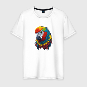 Мужская футболка хлопок с принтом Красочный попугай в ярких перьях в Екатеринбурге, 100% хлопок | прямой крой, круглый вырез горловины, длина до линии бедер, слегка спущенное плечо. | 