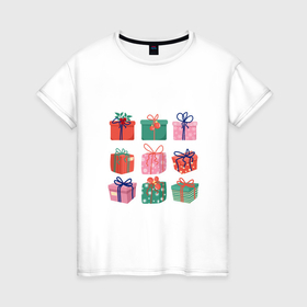 Женская футболка хлопок с принтом Подарочные разноцветные коробки в Екатеринбурге, 100% хлопок | прямой крой, круглый вырез горловины, длина до линии бедер, слегка спущенное плечо | 