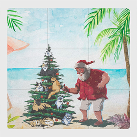 Магнитный плакат 3Х3 с принтом Ретро Санта Клаус наряжает ёлку с котами , Полимерный материал с магнитным слоем | 9 деталей размером 9*9 см | 