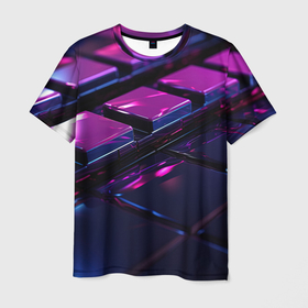 Мужская футболка 3D с принтом Фиолетовые плитики  абстракция в Санкт-Петербурге, 100% полиэфир | прямой крой, круглый вырез горловины, длина до линии бедер | 