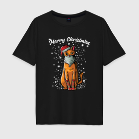 Мужская футболка хлопок Oversize с принтом Рождественский котик , 100% хлопок | свободный крой, круглый ворот, “спинка” длиннее передней части | Тематика изображения на принте: 