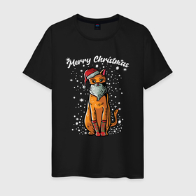 Мужская футболка хлопок с принтом Рождественский котик в Тюмени, 100% хлопок | прямой крой, круглый вырез горловины, длина до линии бедер, слегка спущенное плечо. | 