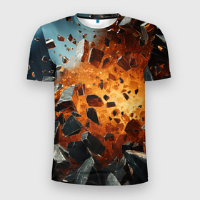 Мужская футболка 3D Slim с принтом Большой взрыв камней в Новосибирске, 100% полиэстер с улучшенными характеристиками | приталенный силуэт, круглая горловина, широкие плечи, сужается к линии бедра | 