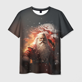 Мужская футболка 3D с принтом Дед Мороз и символ года в Петрозаводске, 100% полиэфир | прямой крой, круглый вырез горловины, длина до линии бедер | 