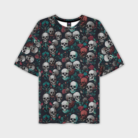 Мужская футболка oversize 3D с принтом Красные цветы и черепа в Петрозаводске,  |  | Тематика изображения на принте: 