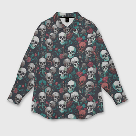 Мужская рубашка oversize 3D с принтом Красные цветы и черепа в Петрозаводске,  |  | 